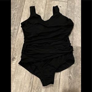Sexy Flattering Black Ruched Swimsuit with V-Neck, washed, never worn